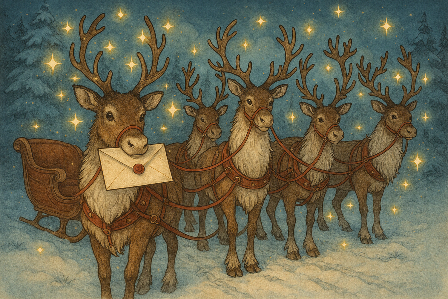 5 riendeer one has a letter in its mouth they have magical stars around them and all tied up to the sleigh