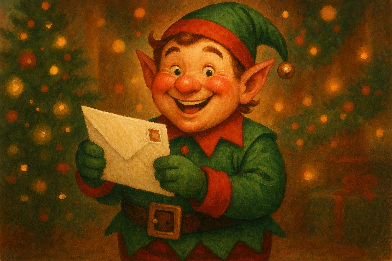 jolly santa elf with a letter