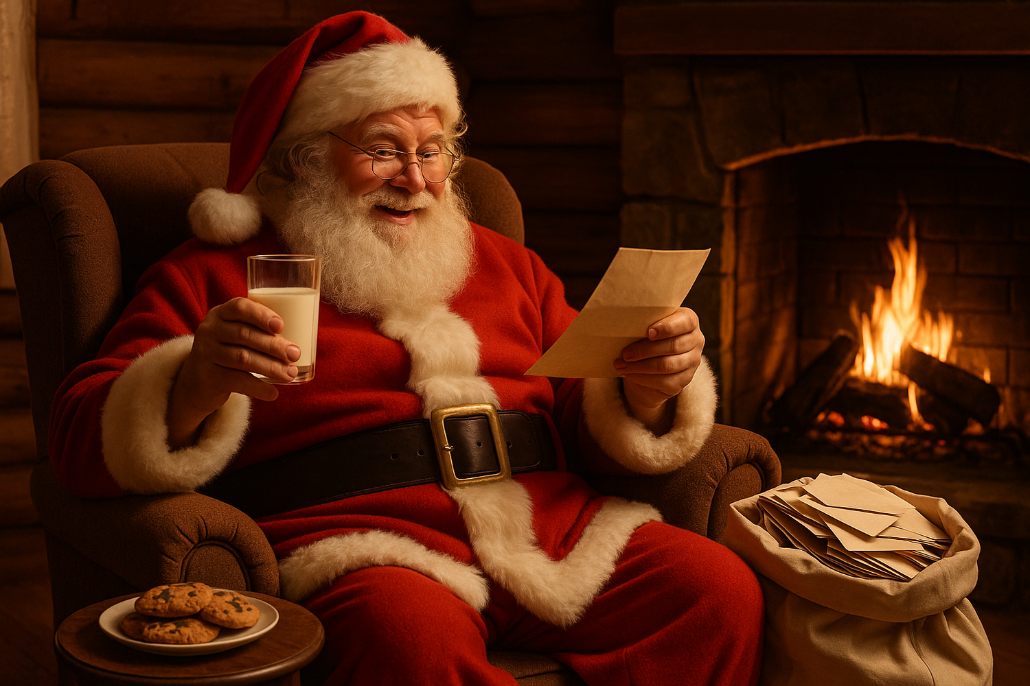 Santa in his chair with milk and cookies with the milk in one hand and a letter in the other sitting by a fireplace in in a wooded cabin the fireplace is on fire and he is in a glad mood to be reading his letters with a bag of letters next to the chair